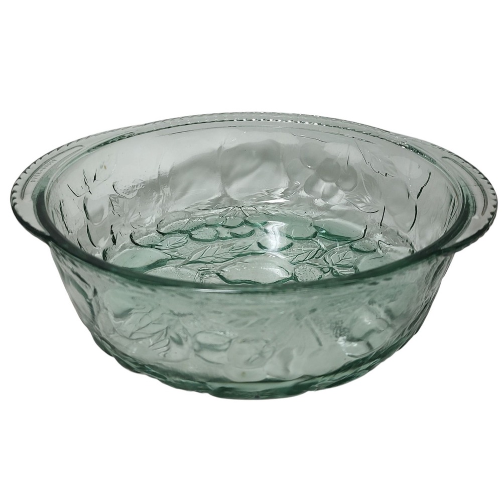 Vintage Libbey Orchard Fruit Round Casserole Dish Clear Glass Oven Proof Handles